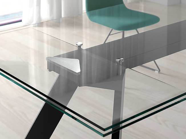 table plateau verre avec allonges en bout