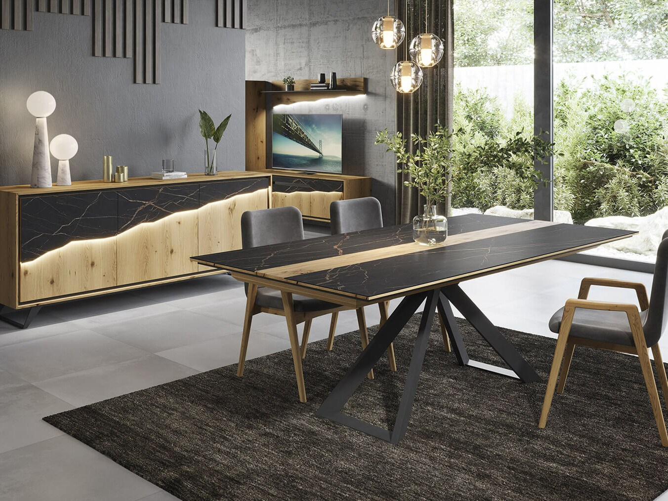 table plateau céramique et bois au centre pied metal en ambiance avec enfilade céramique et bois
