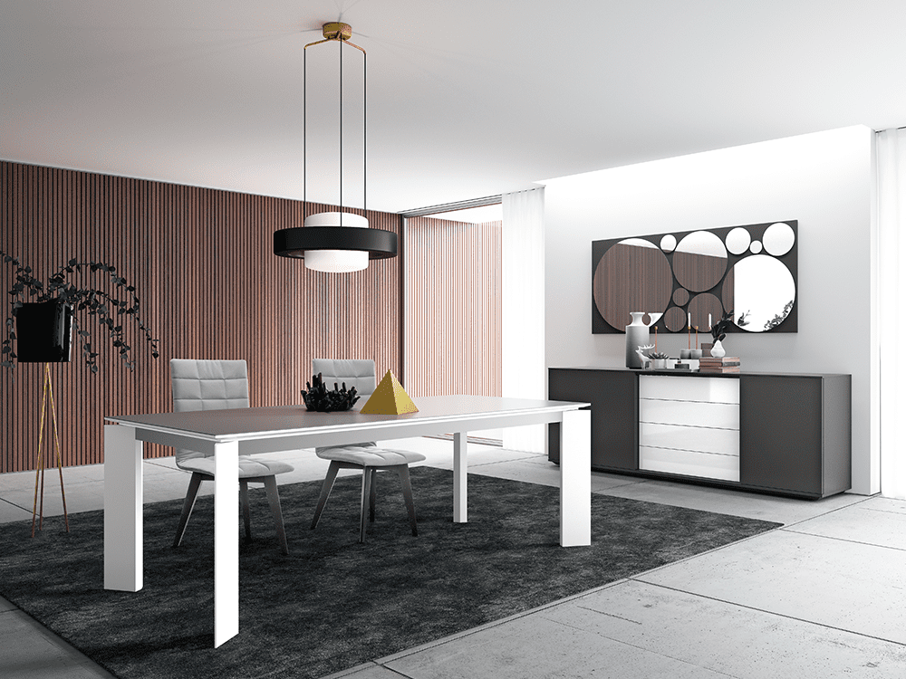 table avec pied laqué blanc, buffet blanc et gris anthracite, tapis noir, carrelage gris