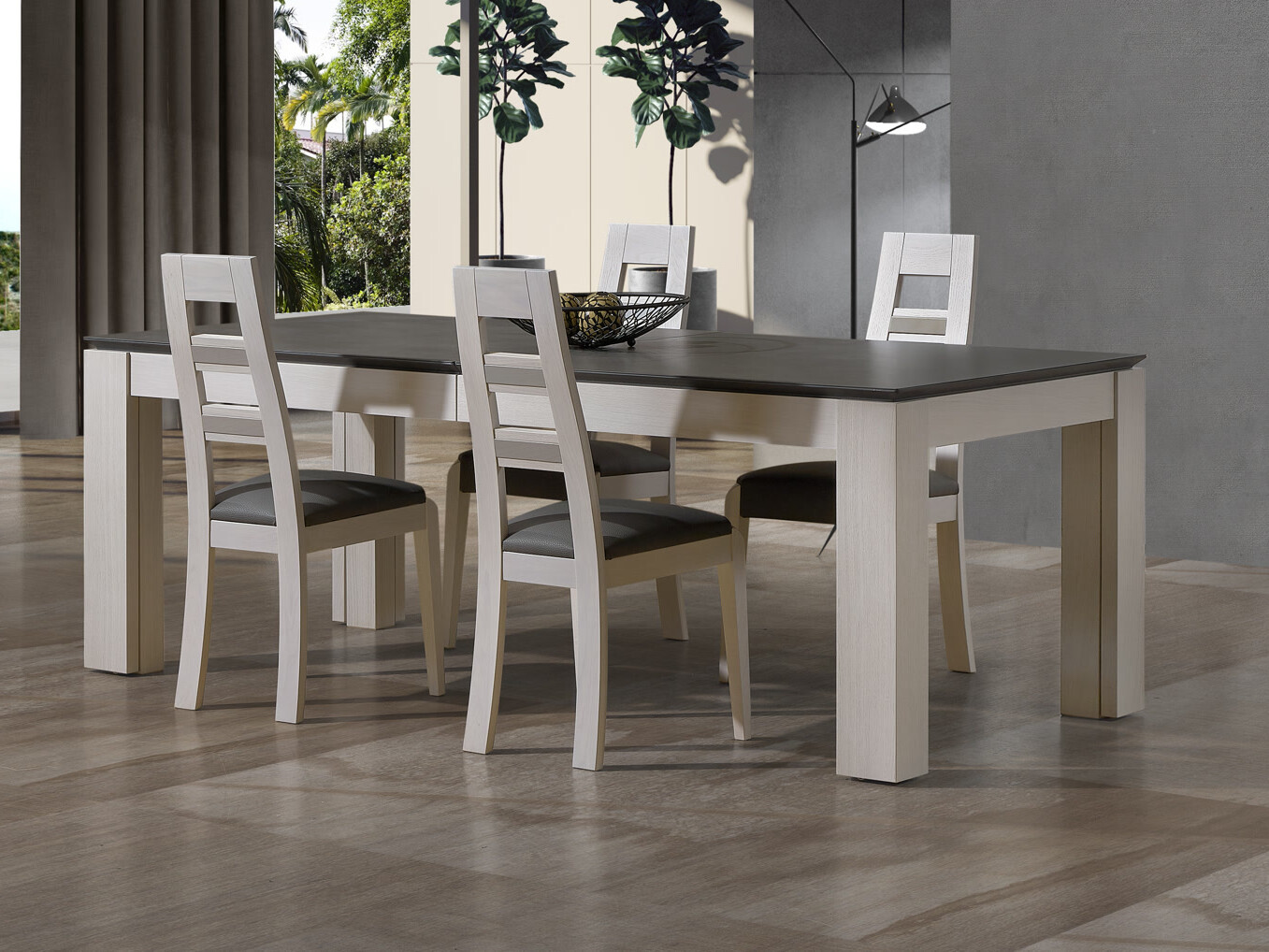 Table pietmeent gene blanchi et plateau céramique gris anthracite avec chaise blanche en bois