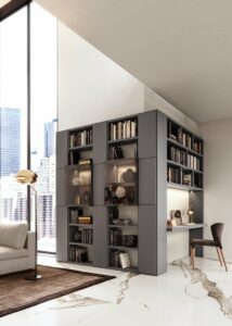 bilbitoheque d'angle avec vitrine et partie bureau