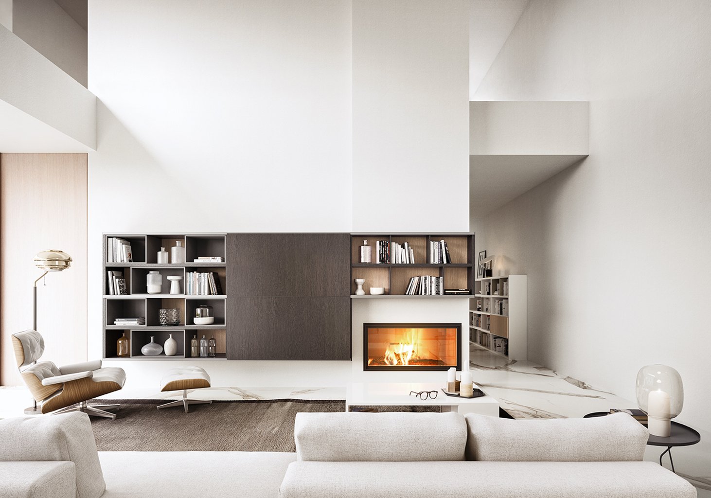 maison moderne, mur blanc, canapé blanc et bibliothèque fonce suspendue au mur