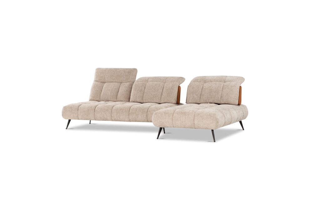 canapé modulable bi matière avec chaise longue et chauffeuse deux places