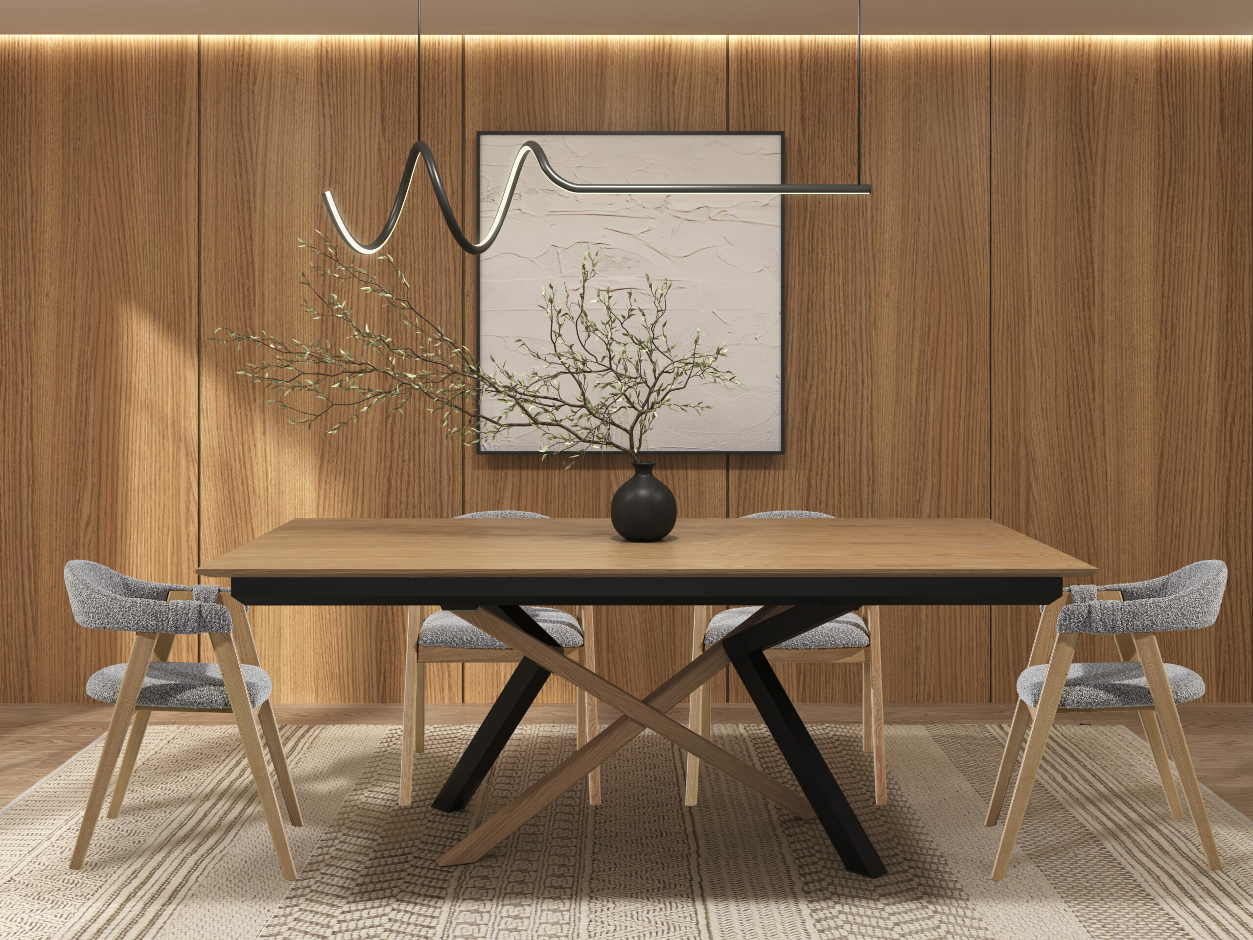 table avec pied métal et bois et plateau bois
