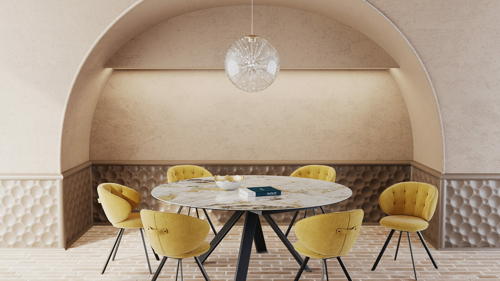 chaise jaune autour d'une table ceramique marbre pied metal, lampe boule, dans une alcôve
