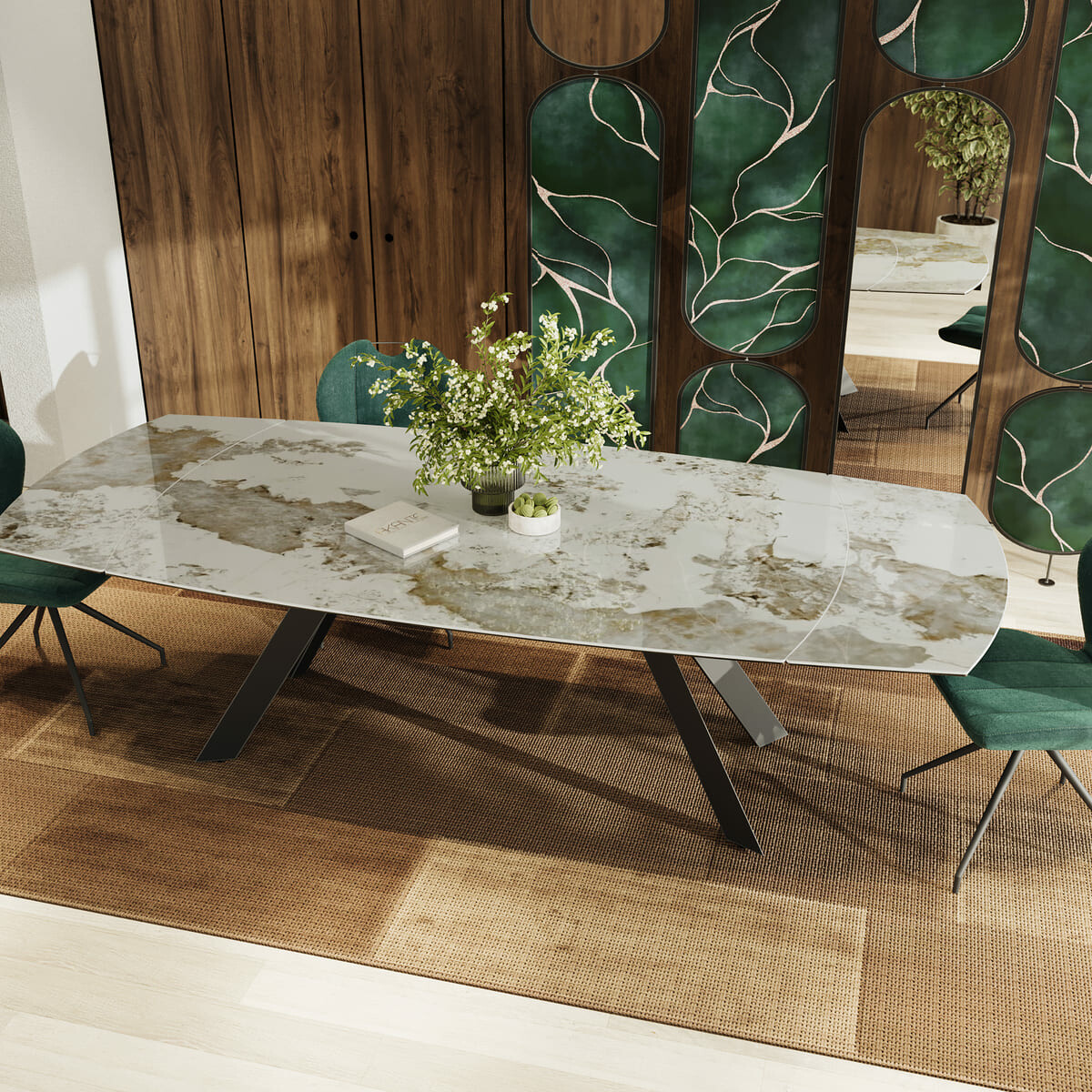 table ceramique calacatta grande dimension chaise verte