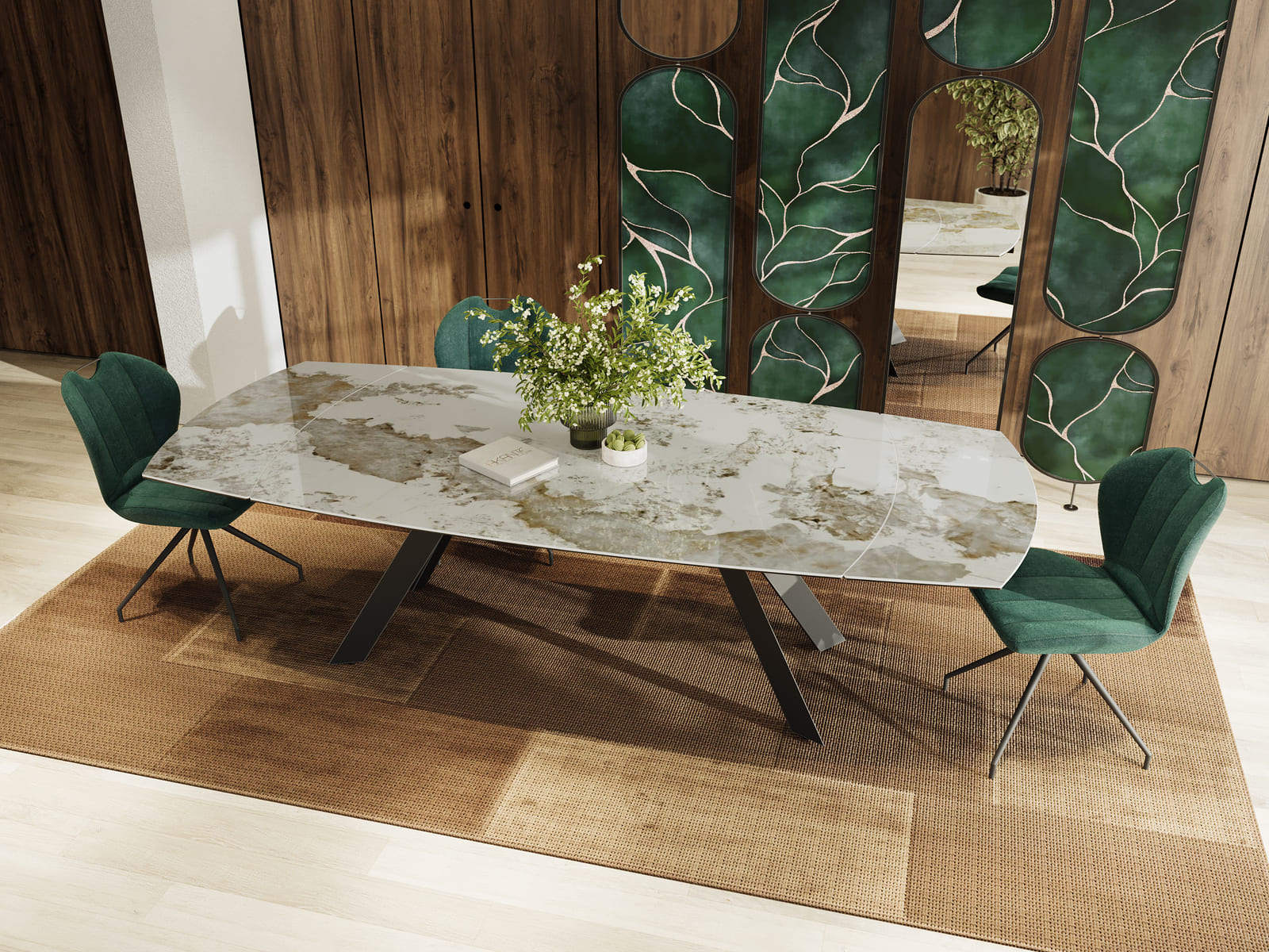 table ceramique calacatta grande dimension chaise verte