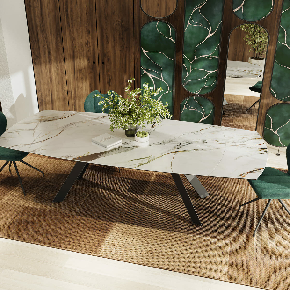 table céramique fiorentino avec chaise verte