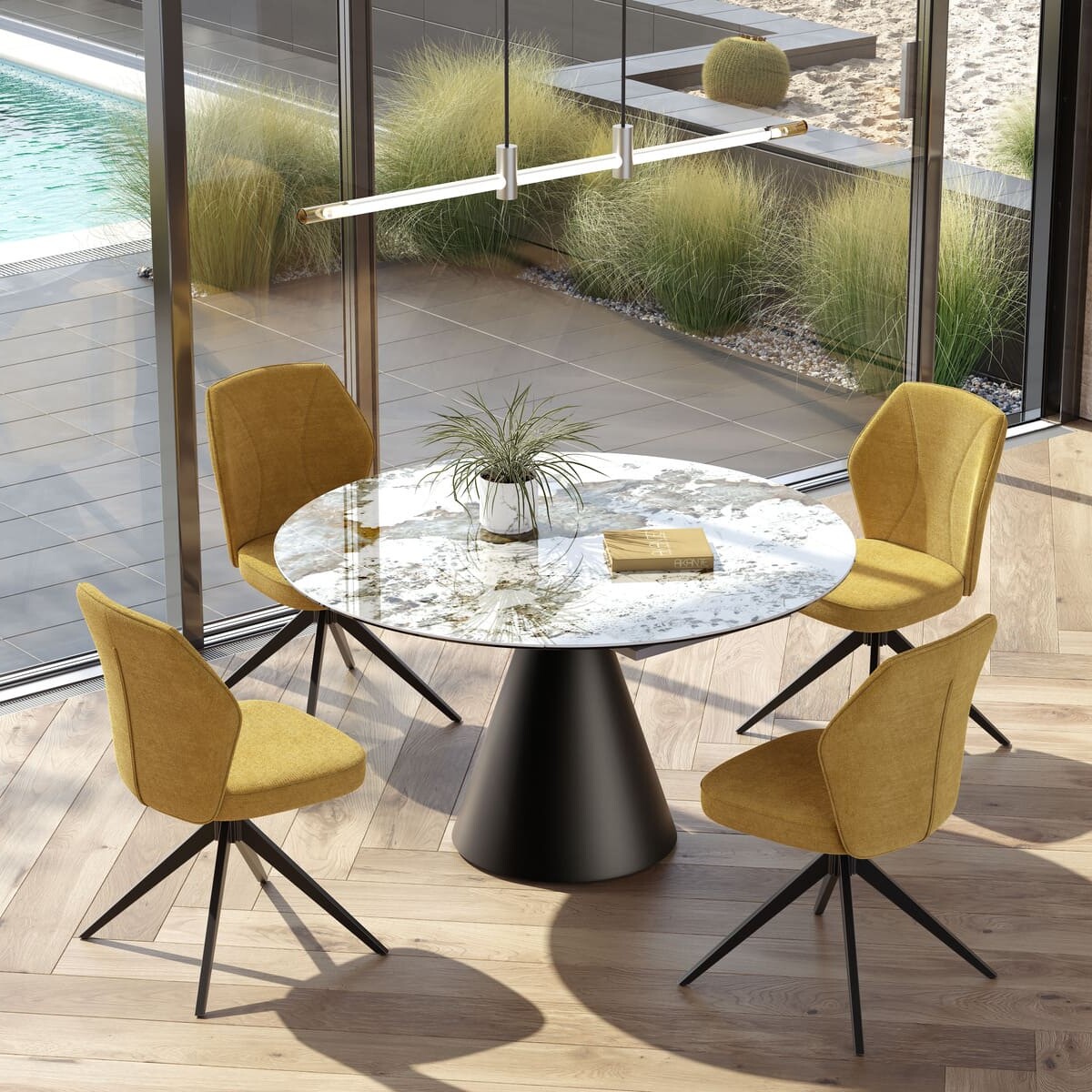 table plateau céramique ronde avec chaise jaune