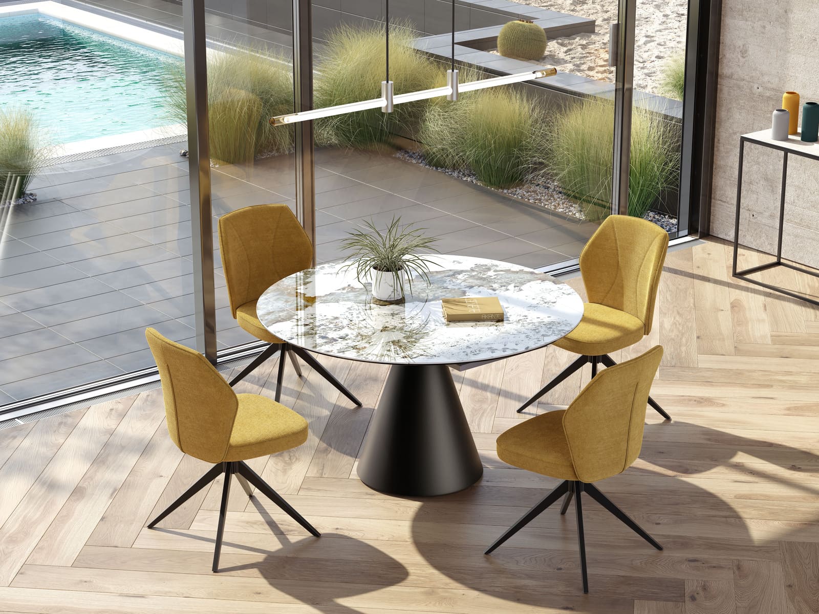 table plateau céramique ronde avec chaise jaune