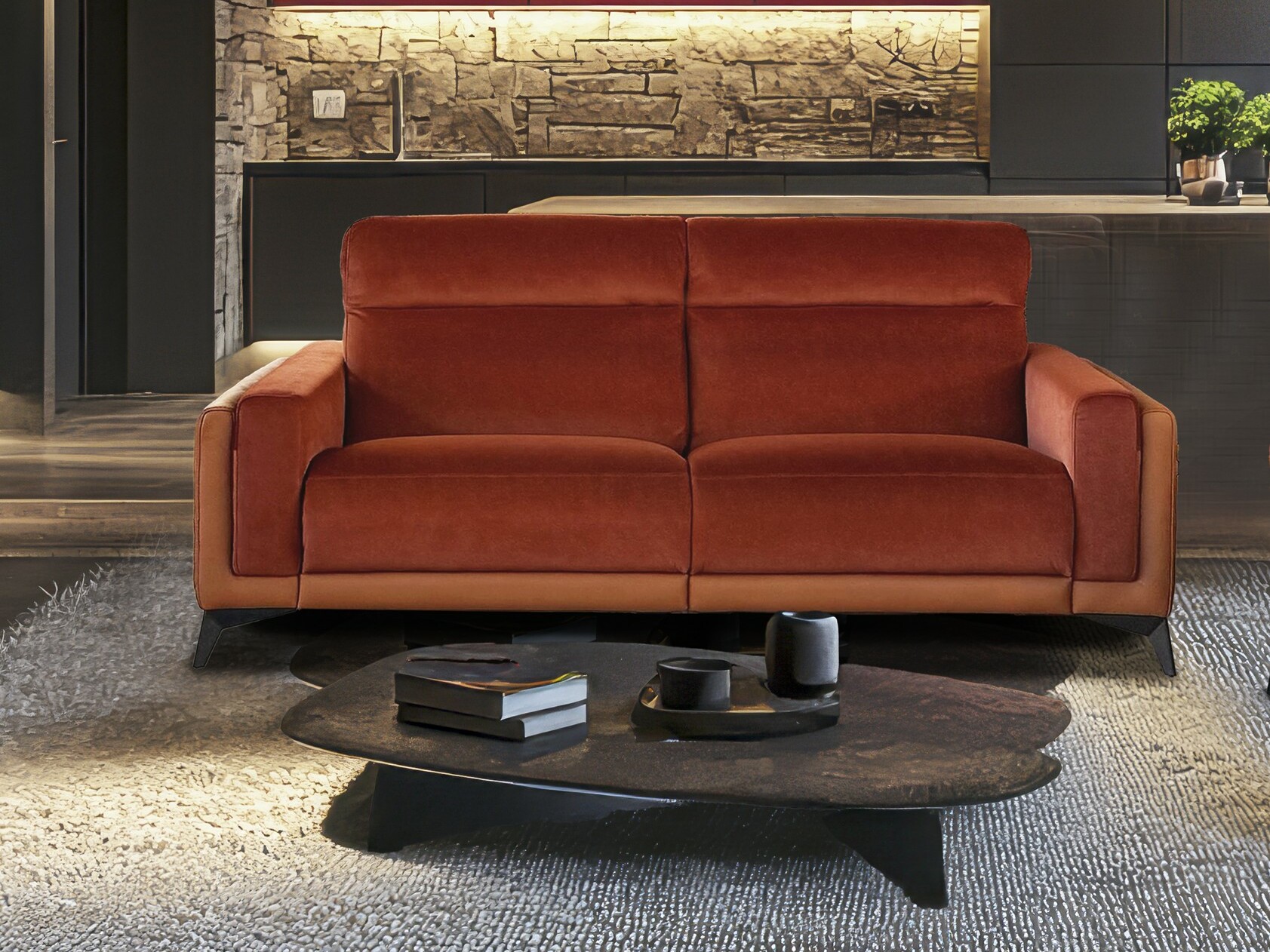 canapé velour et cuir orange