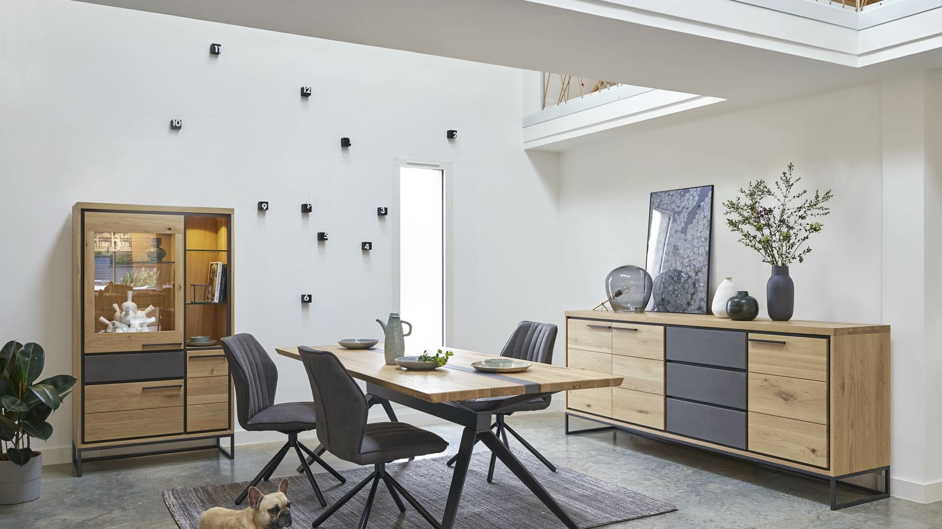 collection en chêne brooks table, buffet, chaise happy gris anthracite