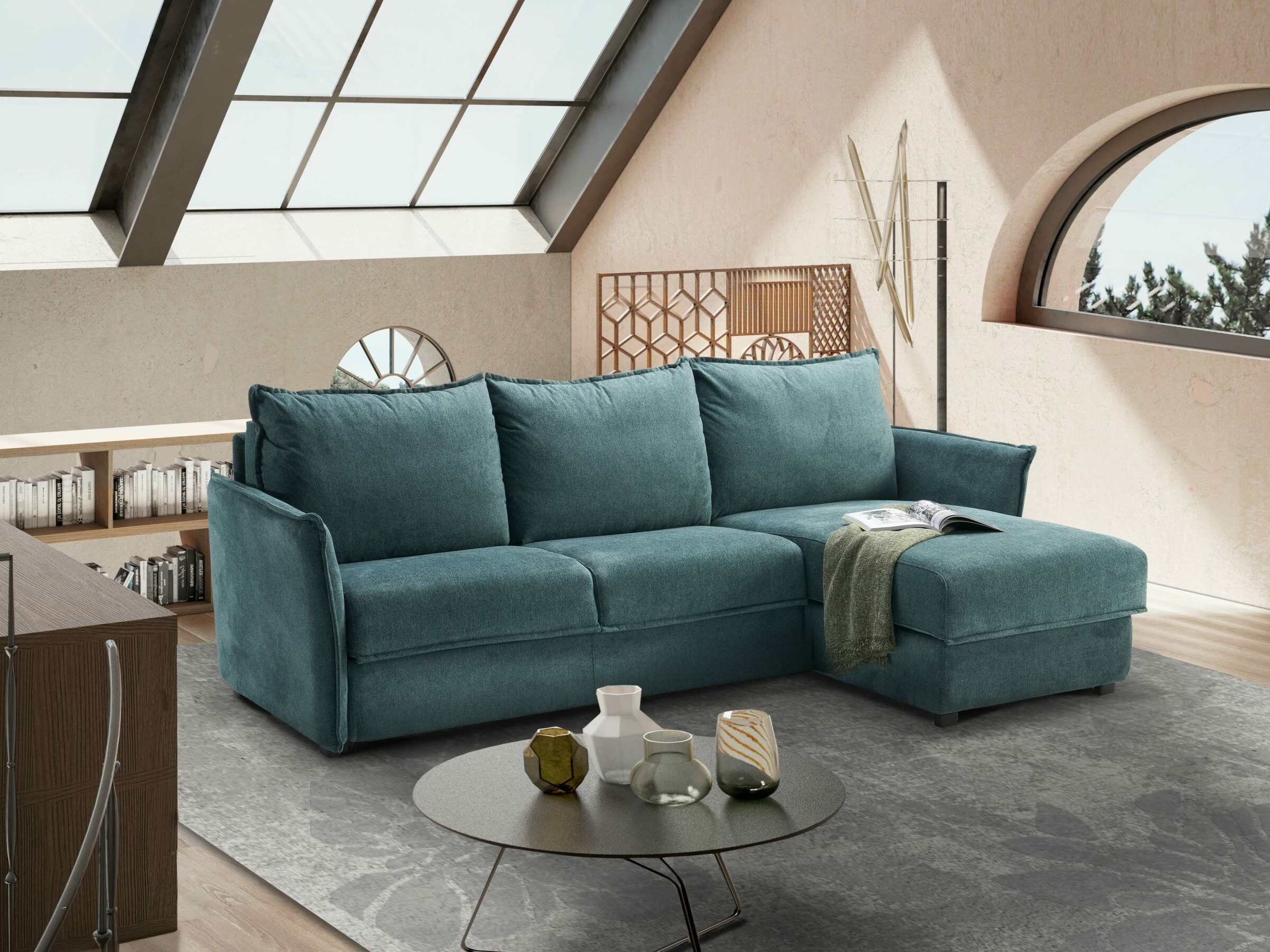 canapé d'angle convertible devant velux table basse galet gris tapis gris