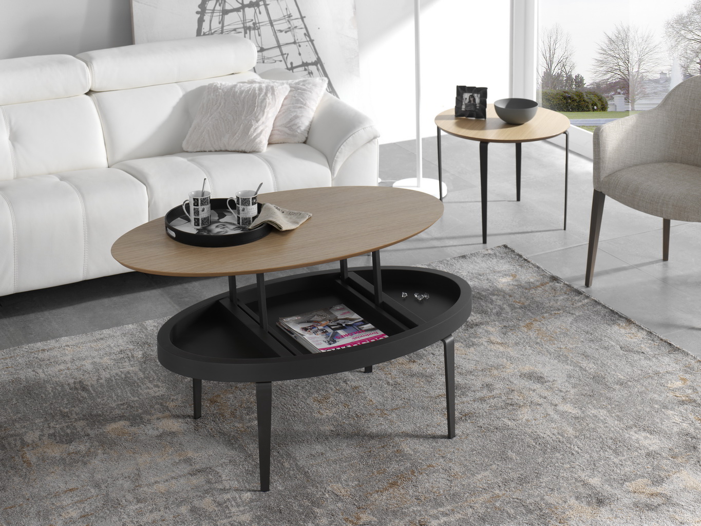 table basse en bois carré ou blanc ovale ou noire et bois qui se soulève