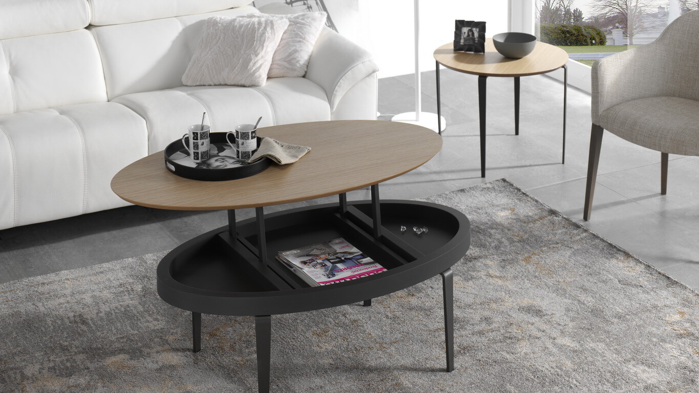 table basse qui se relève elliptique bois et 4 pieds noirs
