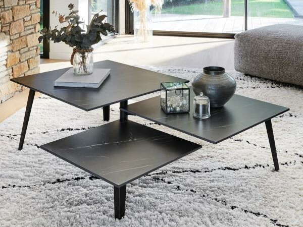 table de salon avec 3 plateaux noire marbré