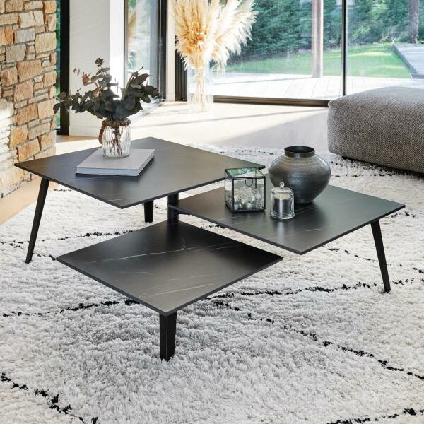 table de salon avec 3 plateaux noire marbré